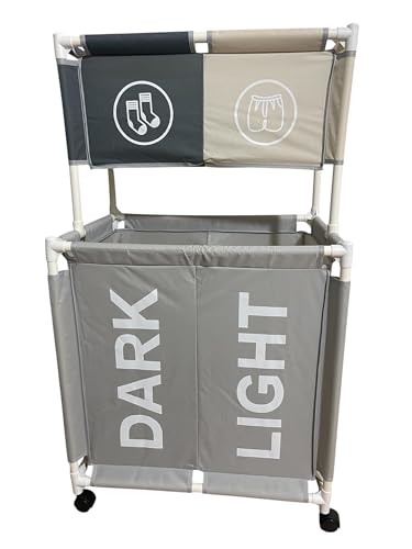 150L Large 2 Tier & 4 Section Laundry Basket with Wheels, Rolling Hamper Sorter for Dark and Light Clothes, Socks and Underwear Organizer, Grey and Beige