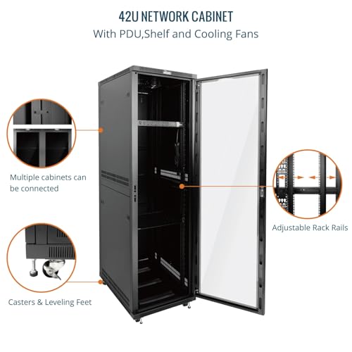 Image of Tecmojo 42U Server Rack Network Cabinet 31.5 inch D x 23.6 inch W, Locking Data Cabinet Enclosure for 19 inch Server, Networking, AV & IT Equipment, Clear Door, Black