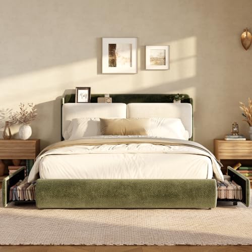 Image of Garvee Chenille Fabric Queen Size Bed Frame with 2 Storage Drawers - Green