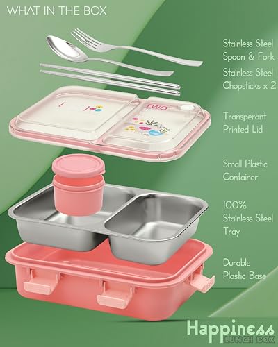 Image of Brand Conquer Lunch Box Leak-Proof BPA Free Stainless Steel for School, Lunch Box for School & Office with a Fork, a Spoon and a Pair of Chopsticks (Classic Pink, Happiness Lunch Box 2 Compartment)
