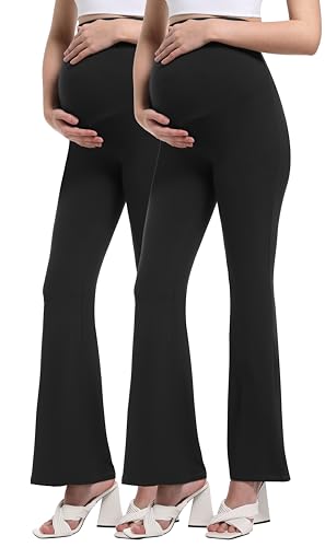 Foucome Leggings acampanados para maternidad, suaves, elásticos, corte de bota, pantalones de yoga para embarazo, con bolsillos, Negro/Negro - Paquete de 2, M
