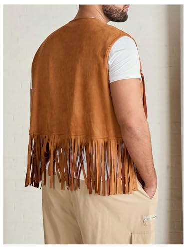 Men's Big and Tall Fringe Hem Sleeveless Vest Jacket 70s Hippie Faux Suede Western Cowboy Vest Waistcoat2
