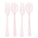 Blue Orchards Pink Glitter Plastic Spoon and Fork Set (50 Each) – Durable Pink Glitter Utensils, Heavy Duty Disposable Colored Cutleries and Plastic Utensils for Parties, Birthdays, Wedding and Events