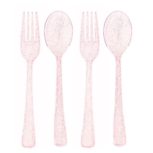 Blue Orchards Pink Glitter Plastic Spoon and Fork Set (50 Each) Durable Pink Glitter Utensils Heavy Duty Disposable Colored Cutleries and Plastic Utensils for Parties Birthdays Wedding and Events