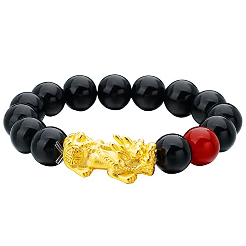 NuALLy Mens Bracelet,Tiger Eye Bracelet, 12mm Feng Shui Pi Xiu/Pi Yao Bracelet Agate Black Obsidian Wealth Bracelet Good Luck for Men Women Reiki Chakra Talisman for Prosperity Money