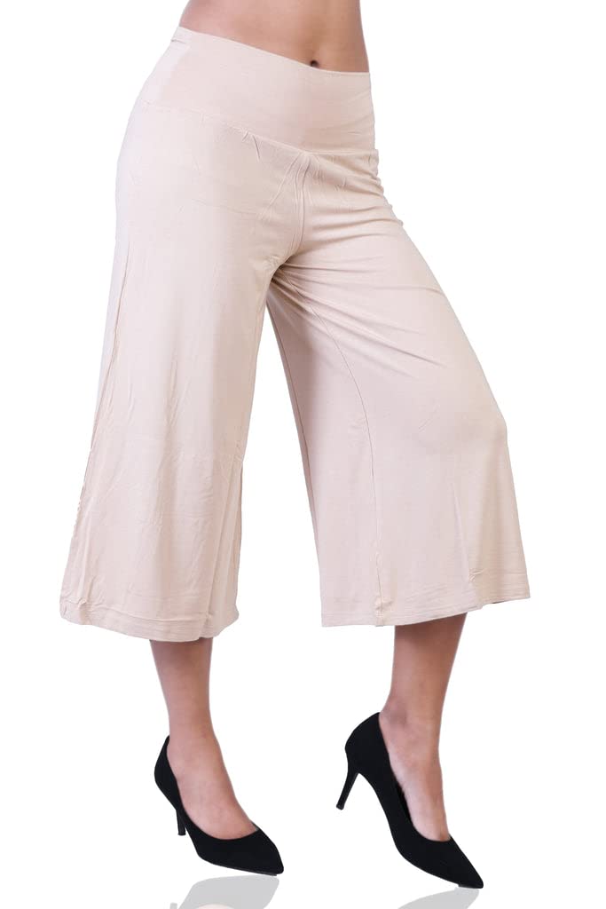 laasa Sports Women's Calf Length 3/4 High Elastic Waistband Wide Leg Palazzo Casual Wide Leg Lounge Pants with Two Sides Pockets-picture-3