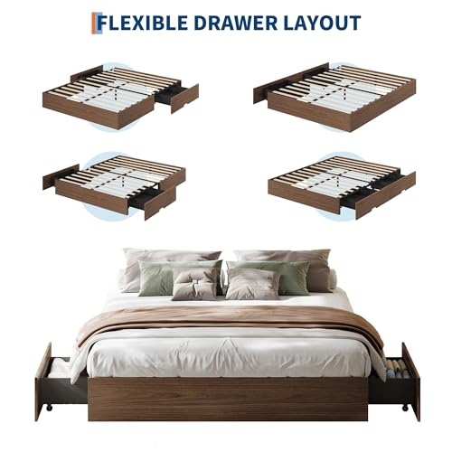 Image of GarveeHome King Size Wood Platform Bed Frame with 2 Storage Drawers, Wooden Bed Frame Without Headboard, Wood Slat Support, No Box Spring Needed, Easy Assembly