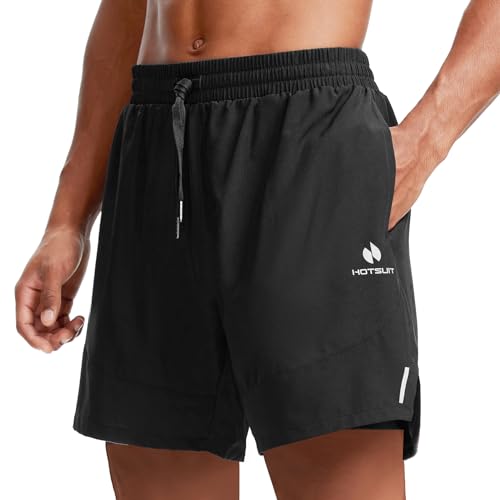 HOTSUIT Men's 2 in 1 Gym Shorts 5" Athletic Running Shorts Quick Dry for Workout with Zipper Pockets, Black, L