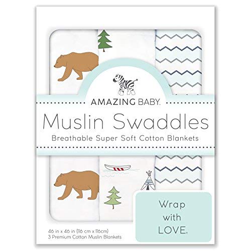 Amazing Baby Cotton Muslin Swaddle Blankets, Set of 3, Outdoor Adventure, Neutral