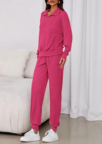 Image of PRETTYGARDEN Women 2 Piece Ribbed Knit Matching Lounge Sets | Comfy Sweat Track Suits, Athleisure Casual Outfit, Half Zip Sweatshirt & Jogger Pants, Fall Winter Clothes for Airport Travel
