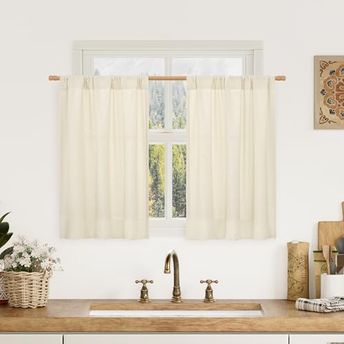 Image of LAMIT Kitchen Window Linen Curtains 30 Inches Long Over Sink, Light Beige