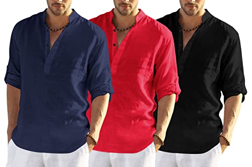 Image of Men's Cotton Blend Combo Short Kurta with Mandarin Collar Neck Full Sleeves Solid Pattern Curved Hemline Regular Fit and Standard Length (Pack of 3)
