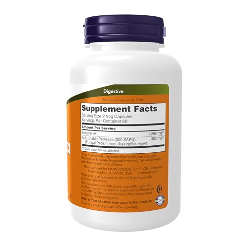 NOW Foods Supplements, Betaine HCl 648 mg, Vegetarian Formula, Digestive Support*, 120 Veg Capsules - Image 3
