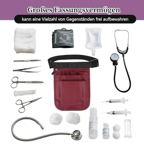 Krankenschwester Tasche, Arbeitstasche Damen Gürteltasche Arbeit, Krankenschwester Gürtel Tasche, Verstellbarer Hüftgurt mit Mehreren Fächern, für Schere Pflegeset (1 burgunderrot, M)
