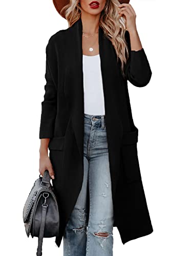 Uusollecy Strickjacke Damen Lang Herbst Drapiert Open Front Cardigan Warm Winter Strickmantel mit Taschen, Schwarz L