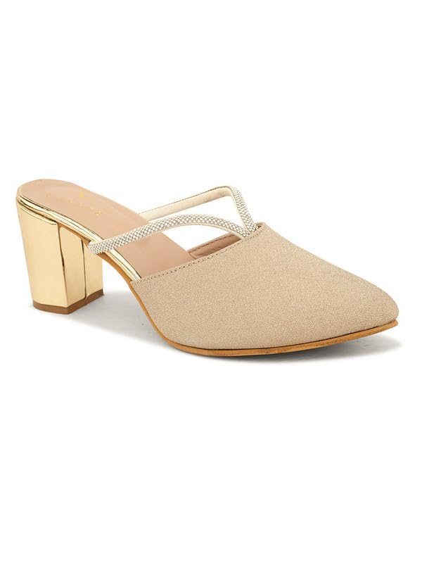 XE Looks Gold Women's Fashion Sandals | Faux Leather Comfortable and Stylish Block Heel | for Wedding Occasion 3 Inches Heel | for Women & Girls 3