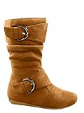 Link Klein-70K Girl's Kid's Faux Suede Two Buckle Zipper Flat Heel Mid Calf Slouchy Boot Shoes, Tan, 4 Link Klein-70K Girl's Kid's Faux Suede Two Buckle Zipper Flat Heel Mid Calf Slouchy Boot Shoes, Tan, 4