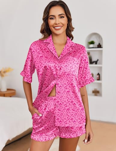 Image of Ekouaer Satin Pajama Set for Women 2 Piece Pj Sets Short Sleeve Sleepwear | Super Soft Silky Summer Loungewear Set with Ruffle Short Sleeve Top and Pocket Shorts, Casual Travel Daily Gift