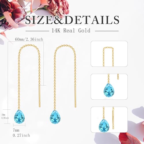 14K Solid Gold Aquamarine Gemstone Threader Earrings for Women,14kt Real Gold March Birthstone Chain Drop Dangle Pull Through Earrings Jewelry Gifts for Mom Wife Christmas Birthday Mother's Day by SISGEM - Image 5
