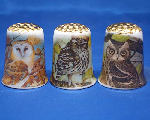 Porcelain China Thimble - Gold Top Woodland Barn Owl