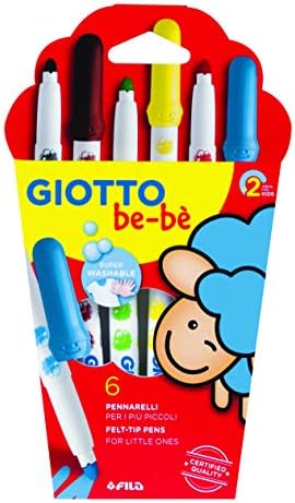 GIOTTO be-bè Colouring Felt Tip Pens Set for Young Children, Box of 6 Assorted Colours, Super-Washable, Ideal for School & Home
