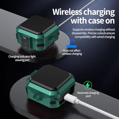 Image of Hybrid Lock Armor Case Cover for Samsung Galaxy Buds 4 and 4 Pro, Rugged, Shockproof with Heavy Duty Carabiner (Dark Green, Armor with Lock)