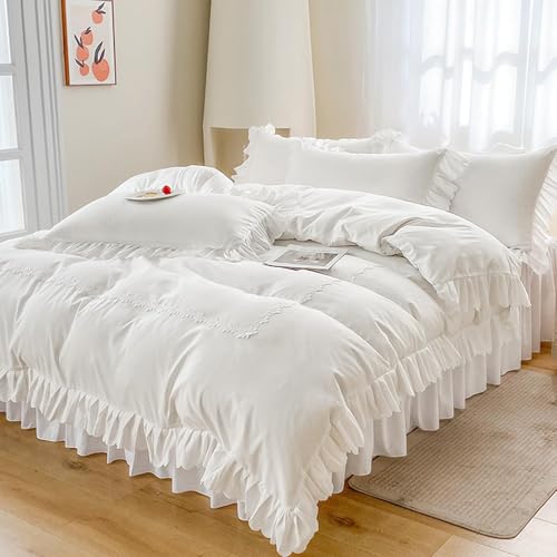 Guchuang Bedding Ruffle King Size Duvet Cover Set, White 3-Piece Bedding Set - Soft Microfiber, Wrinkle-Resistant & Decorative Duvet Cover with Hidden Zipper (King, 220x230cm)