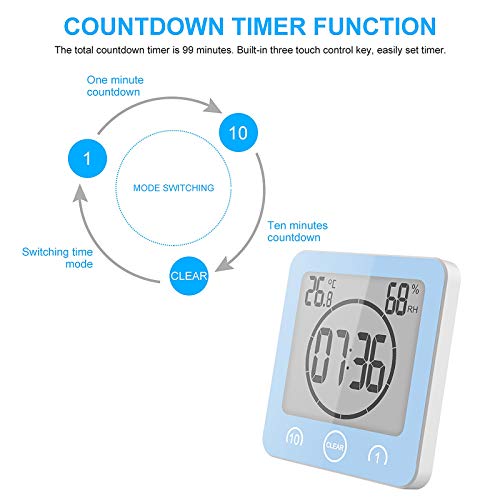 Sunsbell Shower Wall Clock Waterproof Digital Temperature Humidity Display With Suction Cup, Touch Screen Timer For Kitchen Bathroom (Blue) #TOP4