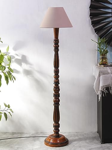 Image of Floor Lamp with Wooden Base - Height 55 inch, Grey | Modern Standing Lamp for Living Room, Bedroom & Office | Stylish & Elegant Home Lighting Decor | Tall Decorative Lamp