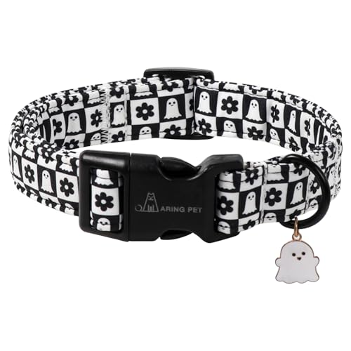 ARING PET Halloween Dog Collar Ghost Flower Pet Collars for Small Medium Large Girl Boy Dogs Puppy Collar with Quick Release Buckle-Black White S Size