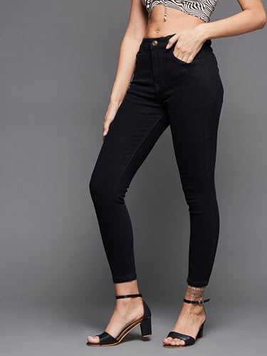 Image of Miss Chase Women's Skinny High Rise Cropped Fringed Hemline Detailing Stretchable Denim Jeans
