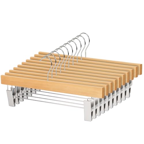 Wooden Pants Hangers 20pcs, Wooden Skirt Hanger with Adjustable Anti-Slip Clips, Space Saving Solid Clothes Wood Coat Hangers for Skirt, Jeans, Slacks, Suit