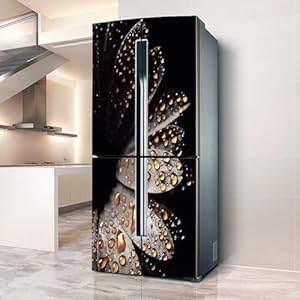 Fridge Wraps Kitchen Fridge Stickers Cover Full Doors, Fridge Sticker Full Covering Door Fridge Covers Skins Wall Stickers for Kitchen Decal, Flower Droplets in Darkness