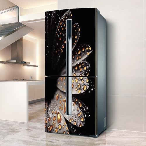 Fridge Wraps Kitchen Fridge Stickers Cover Full Doors, Fridge Sticker Full Covering Door Fridge Covers Skins Wall Stickers for Kitchen Decal, Flower Droplets in Darkness