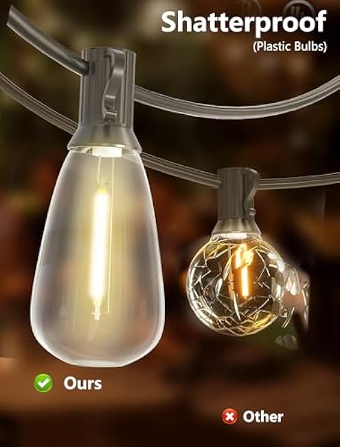 Outdoor String Lights 50FT Patio Lights with 25 Shatterproof, String Lights Outdoor Waterproof with ST35 LED Vintage Edison Bulbs, Hanging Light for Outside Backyard Garden
