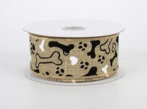 1.5" Dog Bone, Paw Print, Heart Canvas Ribbon 10 Yards (30 Feet) Roll 1 1/2 Inch Wired Edge Natural Beige: Black & White Ribbon