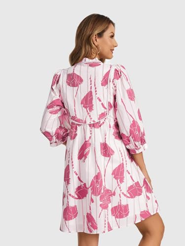 Image of EZAPINE Women Floral Babydoll Mini Dress V Neck 3 /4 Puff Sleeves A Line Flowy Swing Summer Sun Dresses