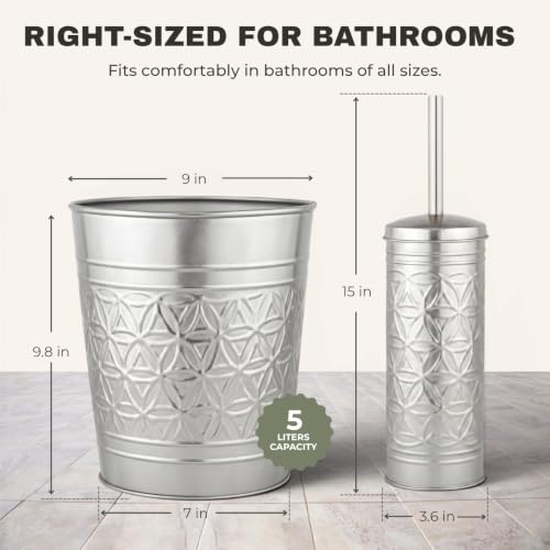 Image of Autumn Alley Brushed Nickel Bathroom Trash Can and Toilet Brush Set - 2-Piece Silver Metal Bathroom Accessories Set, Modern Farmhouse & Transitional Bathroom Decor