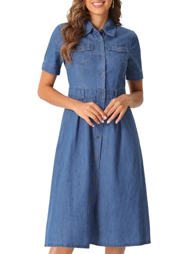 Robe en jean pour femme coupe trapèze bleu denim col boutonné L