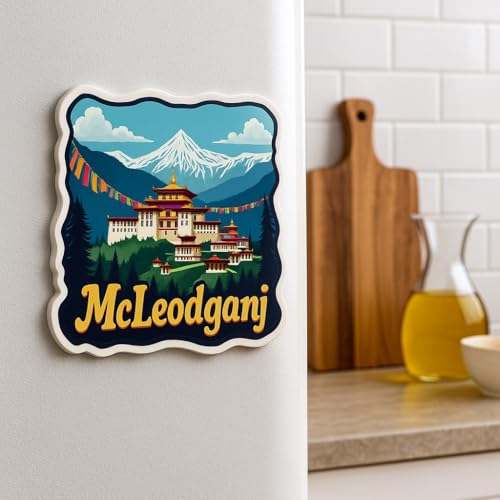 Image of Naxon McLeod Ganj Souvenir Wooden Fridge Magnet - 3x3 Inch Refrigerator Magnet for Kitchen & Home Decor | Himachal Pradesh Travel Collectible | Tibetan Monastery & Mountain View Design | Pack of 1