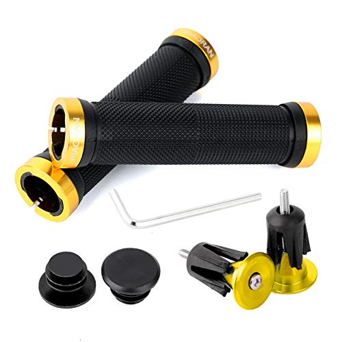 PIAORAN Bike Handlebar Grips, Non-Slip Rubber Bicycle Handle Grips with Aluminum Lock, Bike Grips MTB Grips for Scooter Cruiser Tricycle Wheel Chair Mountain Road Urban Foldable Bike MTB BMX (Gold)