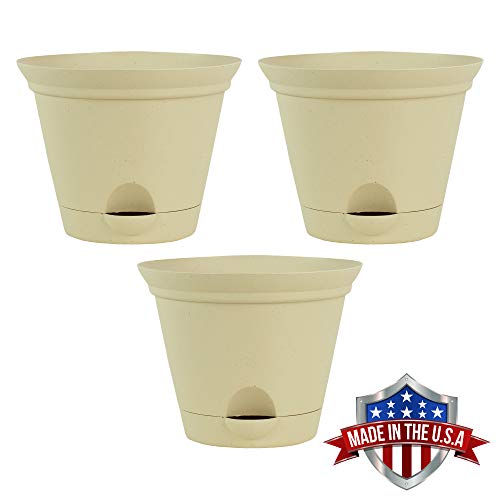 3 Pack 11.5 Inch Latte Quartz Plastic Self Watering Flare Flower Pot or