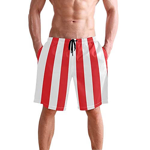 Men's Quick Dry Swim Trunks with Pockets Red and White Striped Beach Swimwear Board Shorts2