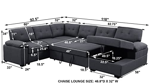 Sectional Sofa Sleeper Bed Pull Out Couch Sofa Bed For Living Room With Storage Chaise 6 Seater Fabric L Shape Sleeper Couch Furniture Set (Dark Grey) #TOP3