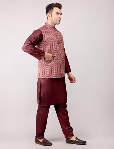 Image of Men's Cotton Silk Blend Regular Kurta Pyjama, Embroidered Nehru Jacket /Waistcoat Set