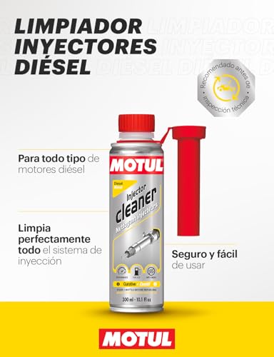 Limpiador de inyectores diésel MOTUL mostrando sus beneficios y características en la etiqueta