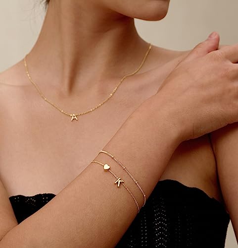 DEARMAY Dainty Initial Heart Gold Bracelets for Women Trendy, 14K Real Gold Letter Charm Bracelet Jewelry Cute Simple Fashion Chain Bracelets for Women Gift2