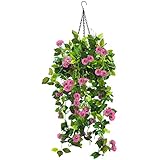 Artificial Hanging Basket with Flowers Rose, UV Resistant Fake Plastic Faux Flower Fabric Vine for I