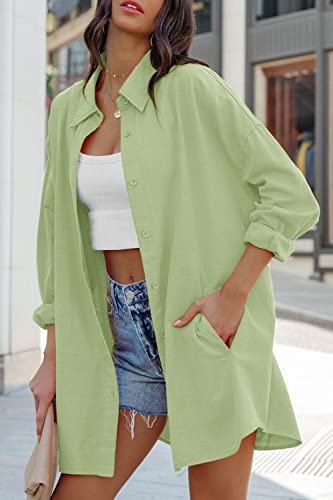 Image of FSHAOES Womens Oversized Button Down Shirts Casual Loose Long Sleeve Solid Lapel Long Blouses Tops with Pockets