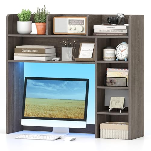 Image of Tangkula Desktop Bookshelf with LED Lights, Desk Hutch with 8 Shelves for Max 25 inch Monitor, Desktop 5-Tier Display Rack, Multipurpose Wood Desktop Storage Hutch Organizer for Dorm Office Home (Grey)